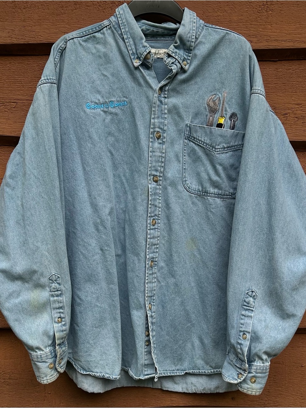 Vintage Munsingwear Tool Embroidered Light Wash Denim Button Down Shirt